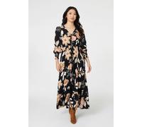 Izabel London Leaf Print Long Sleeve Maxi Dress - 12 - Black