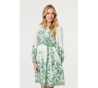 Izabel London Leaf Print Long Sleeve Tie Short Dress - 14 - Green