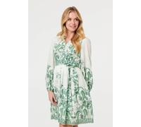 Izabel London Leaf Print Long Sleeve Tie Short Dress - 8 - Green