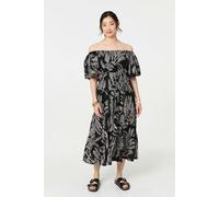 Izabel London Leaf Print Puff 1/2 Sleeve Midi Dress In Black Black 8