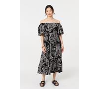 Izabel London Leaf Print Puff 1/2 Sleeve Midi Dress - Black - 14