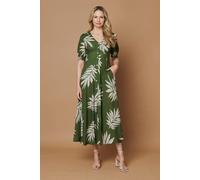 Izabel London Leaf Print Puff Sleeve V-Neck Maxi Dress - 16 - Green