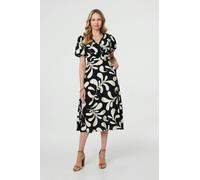 Izabel London Leaf Print Puff Sleeve Wrap Midi Dress - Black - 16