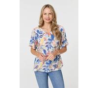 Izabel London Leaf Print Relaxed Short Sleeve Blouse - 18 - Blue