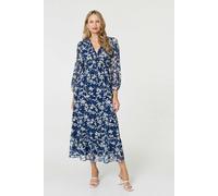 Izabel London Leaf Print Sheer Layer Empire Maxi Dress - 14 - Navy