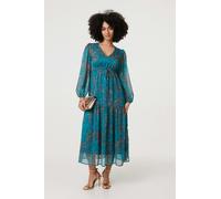 Izabel London Leaf Print Sheer Tie Waist Maxi Dress - Teal - 10