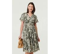 Izabel London Leaf Print Shirred Knee Length Dress - 16 - Khaki