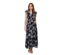 Izabel London Leaf Print Shirred Lace Trim Maxi Dress for Women UK with a v-Neck, Cap Sleeves and Pockets.