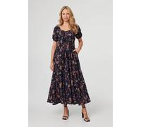 Izabel London Leaf Print Short Puff Sleeve Maxi Dress - 10 - Navy