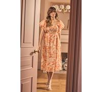 Leaf Print Short Puff Sleeve Midi Dress Izabel London Orange 18