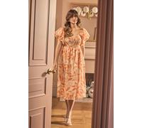 Izabel London Leaf Print Short Puff Sleeve Midi Dress - Orange - 8