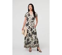 Izabel London Leaf Print Short Sleeve Maxi Smock Dress In Black Black 14