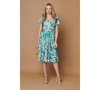 Izabel London Leaf Print Tie Angel Sleeve Midi Dress - 16 - Green