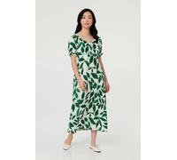 Izabel London Leaf Print Tie Front A-Line Midi Dress - 16 - Green