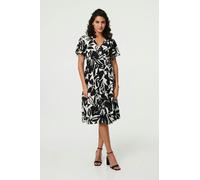 Izabel London Leaf Print Tie Waist Knee Length Dress - 10 - Black
