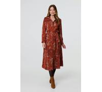 Izabel London Leaf Print Tie Waist Midi Shirt Dress for Women UK with Long Sleeves, Buttons and a Collar.