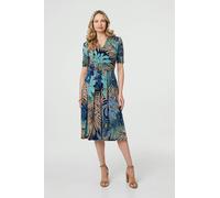 Izabel London Leaf Print Wrap Front Pleat Midi Dress for Women UK with 1/2 Sleeves, a v-Neck and a Ruched Waist.