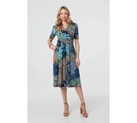 Izabel London Leaf Print Wrap Front Pleat Midi Dress for Women UK with 1/2 Sleeves, a v-Neck and a Ruched Waist.