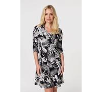 Izabel London Leaf Print Wrap Front Shirt Dress for Women UK with V-Neck, 3/4 Sleeves and Short Skater Skirt. Black