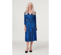 Izabel London Leopard Print Midi Wrap Dress for Women UK with v-Neck, Long Sleeves and midi Length Hem. Blue