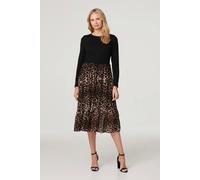 Izabel London Leopard Print Tiered Midi Dress In Black Black 8