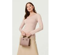 Izabel London Long Sleeve Slim Scoop Neck Top - 10 - Stone