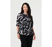Izabel London Marble Print 3/4 Sleeve Ruched Blouse - 10 - Navy