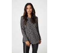 Izabel London Marled Button Shoulder Ribbed Top In Black Black 10