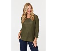 Izabel London Mesh Texture 3/4 Sleeve Relaxed Top In Khaki Khaki 8-10