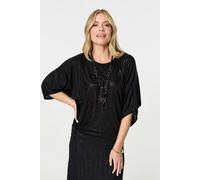 Izabel London Metallic 3/4 Batwing Sleeve Top - Black - S/M