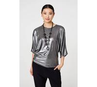 Izabel London Metallic 3/4 Batwing Sleeve Top for Women UK with a Boat Neck, a Relaxed fit and a Hip Length Hem. Silver