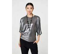 Izabel London Metallic 3/4 Batwing Sleeve Top - Silver - S/M