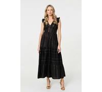 Izabel London Metallic Detail Frill Cap Sleeve Maxi Dress - Black - 12