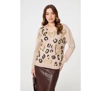 Izabel London Metallic Heart Print Scoop Neck Jumper In Beige Beige M