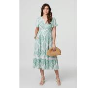 Izabel London Mosaic Print Angel Sleeve Midi Dress - Sage - 16