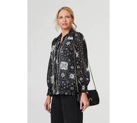 Izabel London Mosaic Print Button-Up Semi Sheer Shirt In Black Black 16