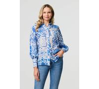 Izabel London Women's Mosaic Print Puff Sleeve Shirt in Blue | Size: 12 Izabel London Blue 12