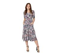 Izabel London Mosaic Print Ruched Midi Dress for Women UK with V-Neck, 1/2 Sleeves and midi Length Skirt.