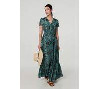 Izabel London Mosaic Print Short Sleeve Smock Maxi Dress In Green Green 12
