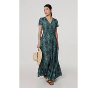Izabel London Mosaic Print Short Sleeve Smock Maxi Dress In Green Green 8