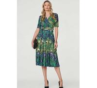 Izabel London Multi Green Peacock Print Ruched Waist Dress Multi Green
