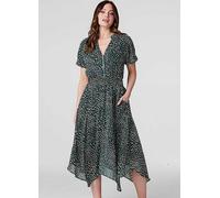 Izabel London Multi Green Printed Zip Front Hanky Hem Dress Denim