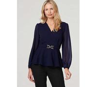 Izabel London Women's Sheer Sleeve Wrap Front Blouse in Blue | Size: 16