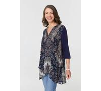 Izabel London Paisley 3/4 Sleeve Semi Sheer Tunic Top - 10 - Navy