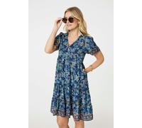 Izabel London Paisley Border Print V-Neck Short Dress for Women UK with Short Sleeves, Buttons and Short Hem. Teal