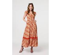 Izabel London Paisley Cap Sleeve Lace Trim Maxi Dress In Orange Orange 10