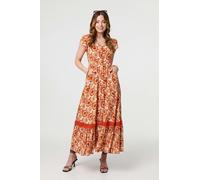 Izabel London Paisley Cap Sleeve Lace Trim Maxi Dress - Orange - 10