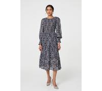 Izabel London Paisley Long Puff Sleeve Midi Smock Dress In Black Black 10