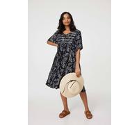 Izabel London Paisley Print Keyhole Neck Relaxed Dress In Black Black 14
