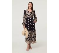 Izabel London Paisley Print Long Sleeve Midi Dress In Navy Navy